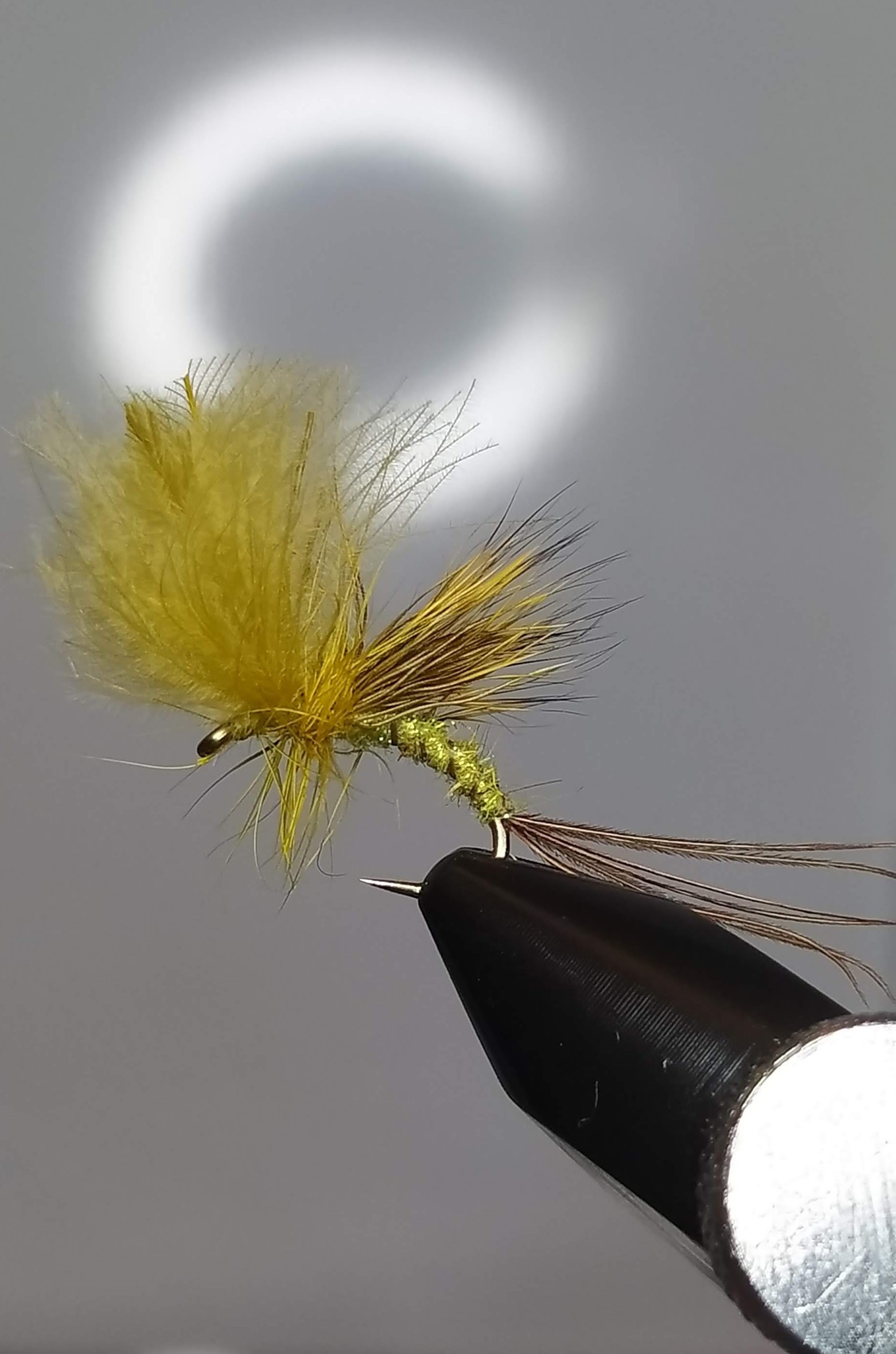 Dun mayfly pattern. olive body with deer hair and cdc wing